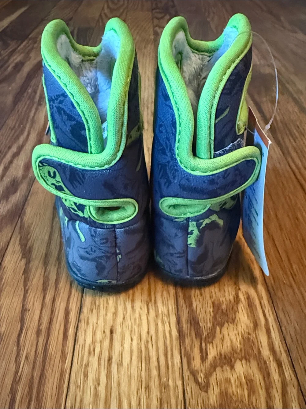 Bogs Kids Gray Rain Boots with Neon Green Trim and Dinosaur Print